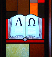 The Bible on a stained glass window in our sanctuary.