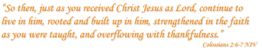 “So then, just as you received Christ Jesus as Lord, continue to live in him, rooted and built up in him, strengthened in the faith as you were taught, and overflowing with thankfulness.”